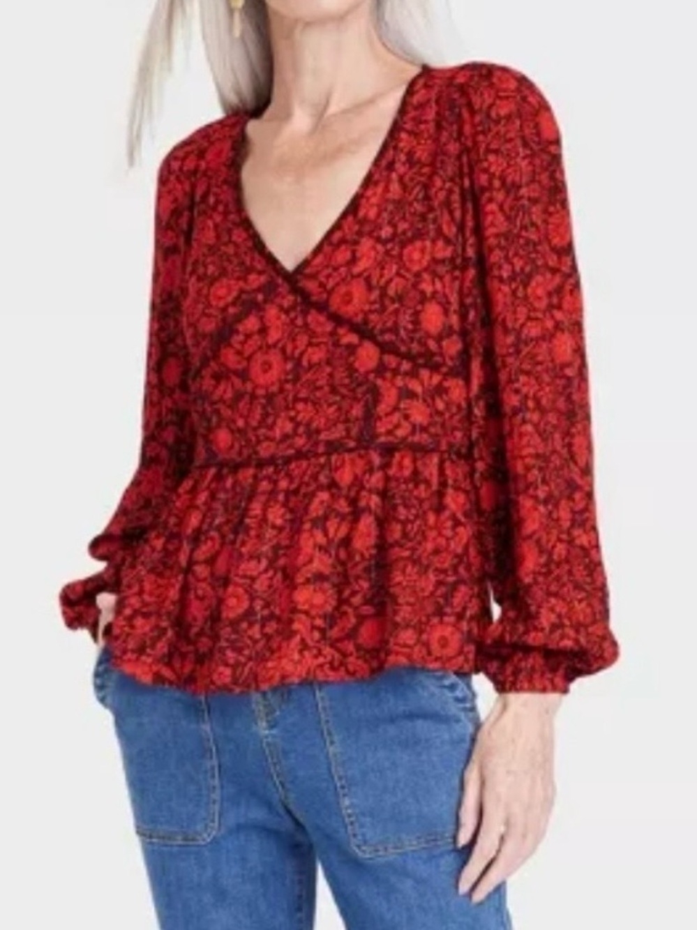 Knox Rose Boho Red and Black Floral Long Sleeve blouse with black trim Size L